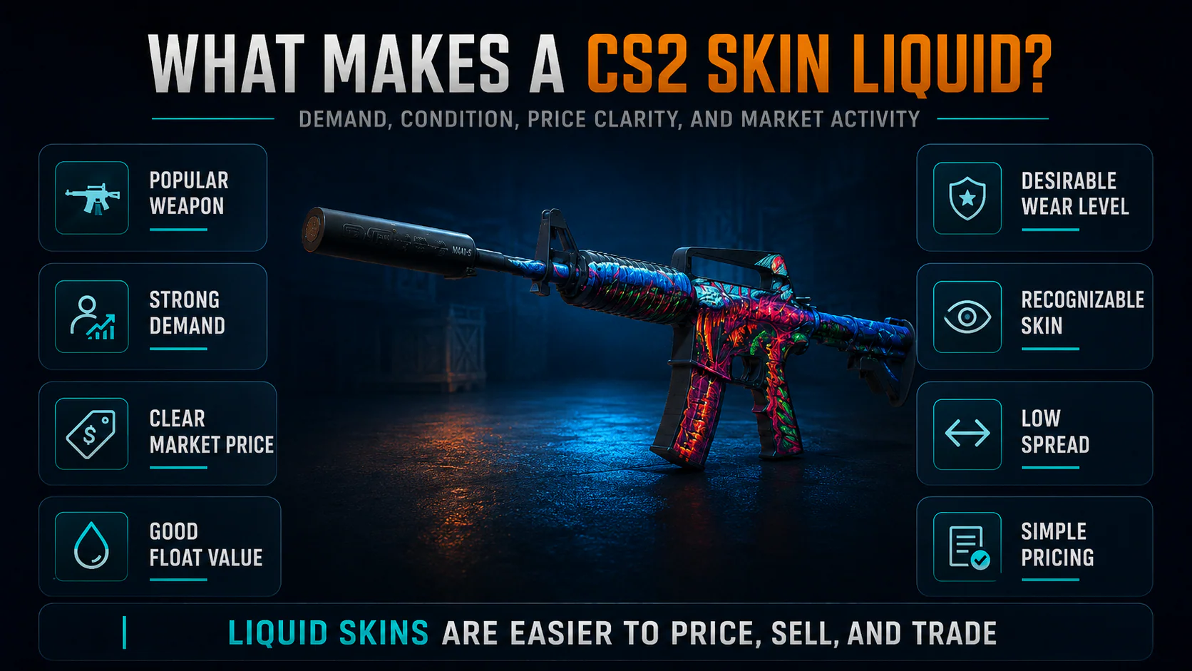 CS2 skin liquidity factors infographic showing weapon popularity, demand, float value, wear level, recognizable skins, and price spread
